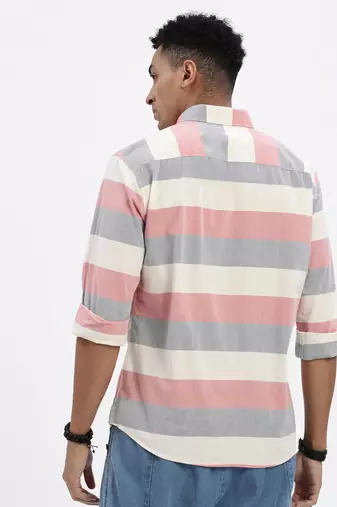 men's peach striped slim fit shirt
