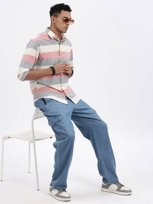 men's peach striped slim fit shirt 5