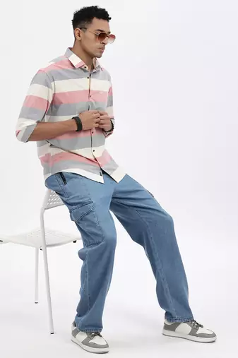 men's peach striped slim fit shirt