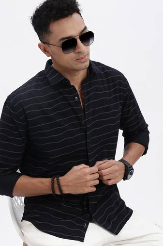 men's navy blue striped slim fit shirt