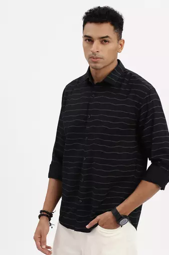 men's navy blue striped slim fit shirt