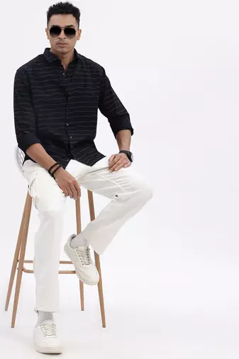 men's navy blue striped slim fit shirt