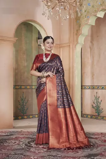 Navy Blue Kanchivaram Silk Zari Weaving With Gold Zari Border And Pallu Saree With Blouse For Women