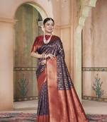 Navy Blue Kanchivaram Silk Zari Weaving With Gold Zari Border And Pallu Saree With Blouse For Women