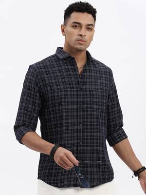 men's navy blue checked slim fit shirt 1