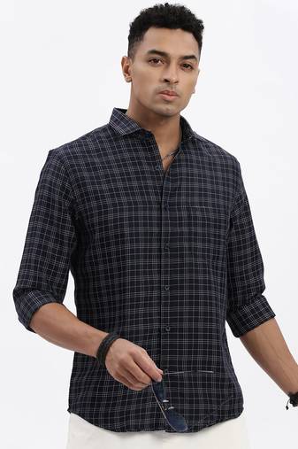 men's navy blue checked slim fit shirt