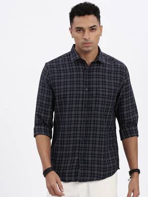 men's navy blue checked slim fit shirt 2
