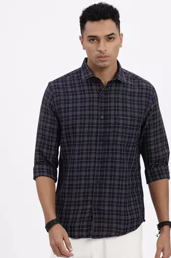 men's navy blue checked slim fit shirt