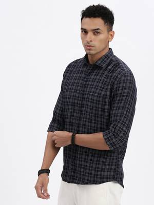 men's navy blue checked slim fit shirt 3