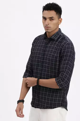 men's navy blue checked slim fit shirt