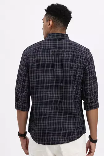 men's navy blue checked slim fit shirt
