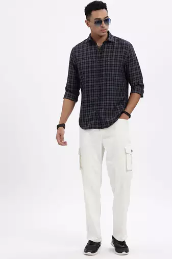 men's navy blue checked slim fit shirt