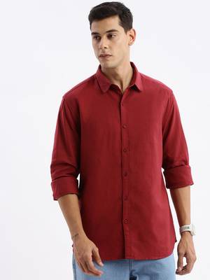men's long sleeves solid slim fit maroon shirt 2
