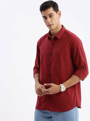 men's long sleeves solid slim fit maroon shirt 3