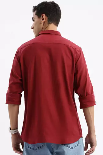 men's long sleeves solid slim fit maroon shirt