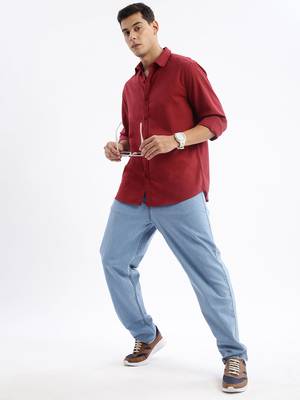 men's long sleeves solid slim fit maroon shirt 5