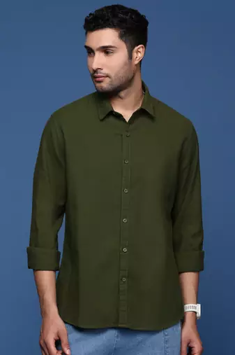 men's solid slim fit olive shirt