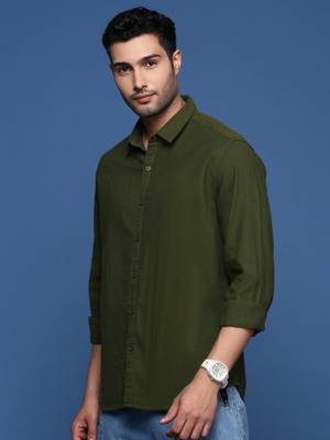 men's solid slim fit olive shirt 3