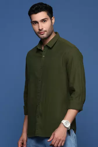 men's solid slim fit olive shirt