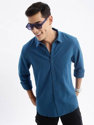 men's long sleeves solid slim fit teal shirt 1