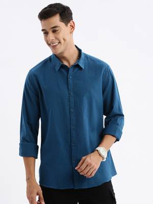 men's long sleeves solid slim fit teal shirt 2