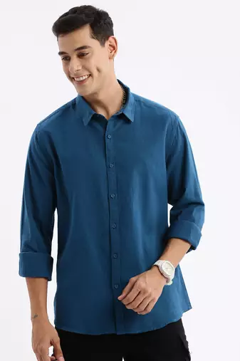men's long sleeves solid slim fit teal shirt