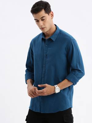 men's long sleeves solid slim fit teal shirt 3