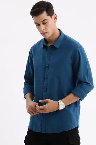 men's long sleeves solid slim fit teal shirt