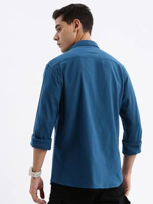 men's long sleeves solid slim fit teal shirt 4