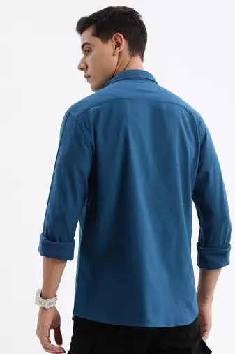 men's long sleeves solid slim fit teal shirt