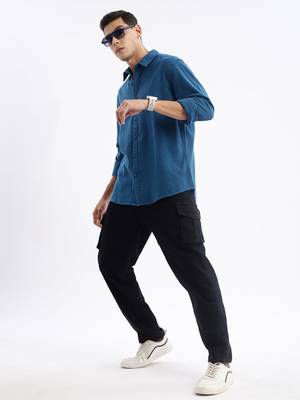 men's long sleeves solid slim fit teal shirt 5