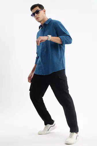 men's long sleeves solid slim fit teal shirt
