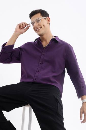 men's long sleeves solid slim fit purple shirt
