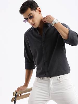 men's long sleeves solid slim fit grey shirt 1