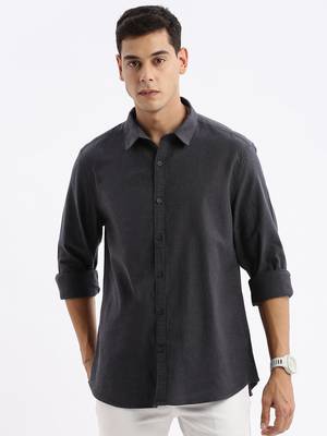 men's long sleeves solid slim fit grey shirt 2