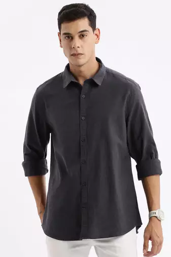 men's long sleeves solid slim fit grey shirt