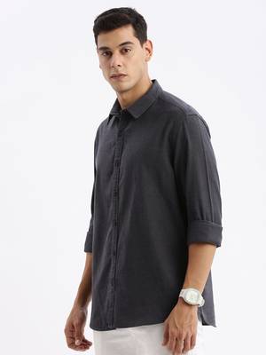 men's long sleeves solid slim fit grey shirt 3