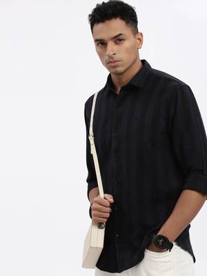 men's navy blue striped slim fit shirt 1