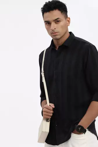 men's navy blue striped slim fit shirt