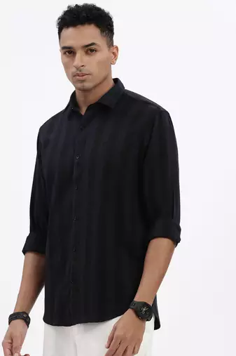 men's navy blue striped slim fit shirt