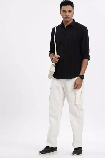 men's navy blue striped slim fit shirt