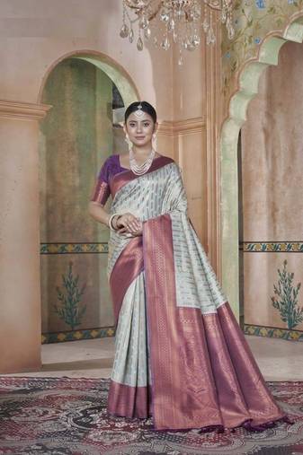 light blue art Kanchivaram Silk Zari Weaving Saree With Blouse