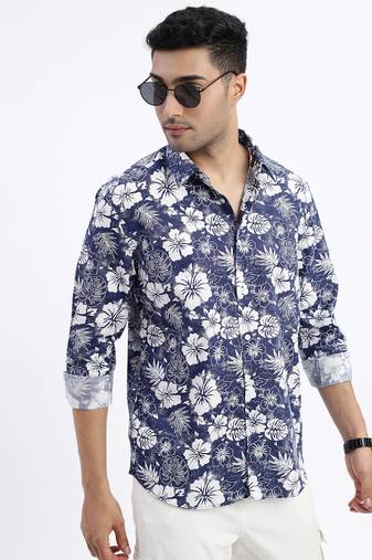 men's navy blue floral slim fit shirt