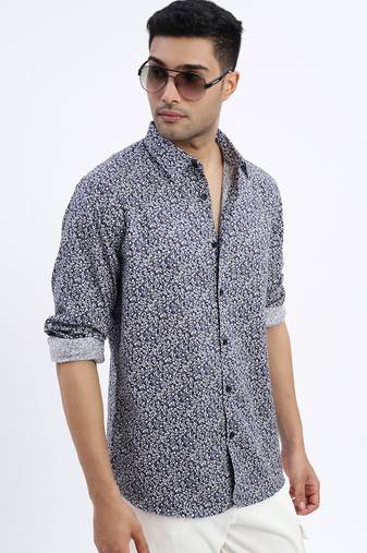 men's navy blue micro ditsy slim fit shirt