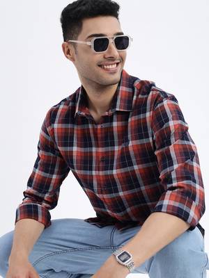 men's brown checked slim fit shirt 1