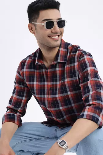 men's brown checked slim fit shirt