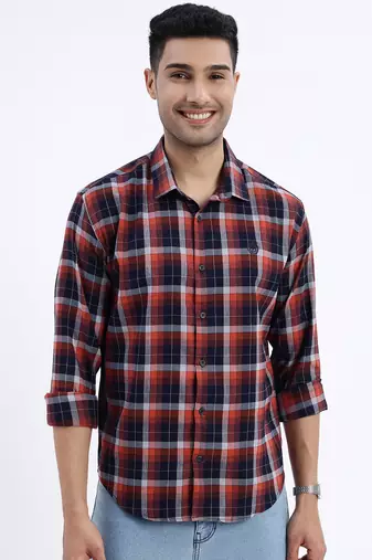men's brown checked slim fit shirt