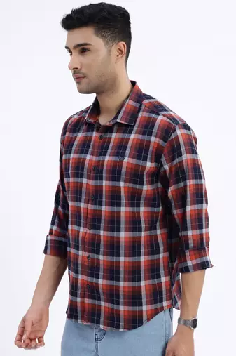 men's brown checked slim fit shirt