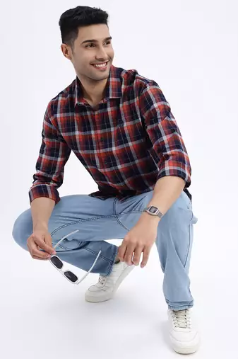 men's brown checked slim fit shirt