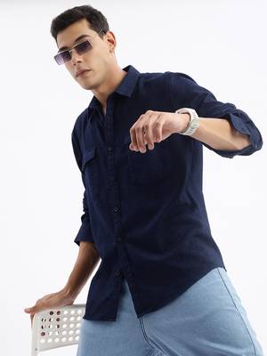 men's long sleeves solid slim fit navy blue shirt 1